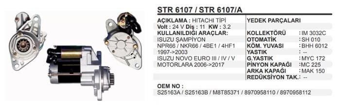 MARŞ MOTORU ISUZU NPR NKR TURKUAZ 11T 24V STR6107